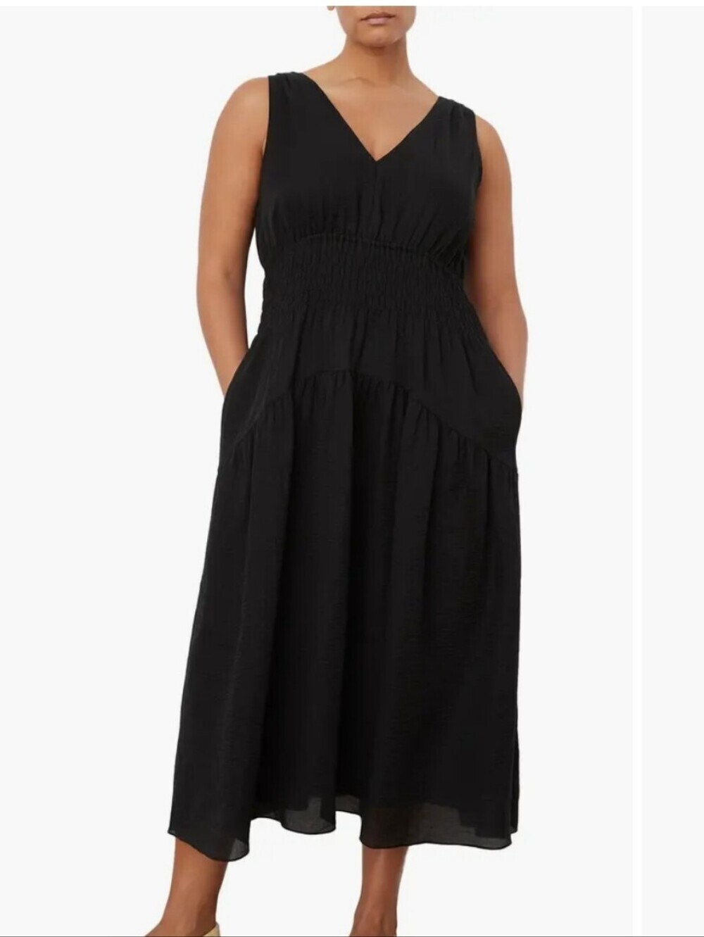 Vince Black Smocked Double V-Neck Tiered Minimalist Pockets Midi Dress Sz L